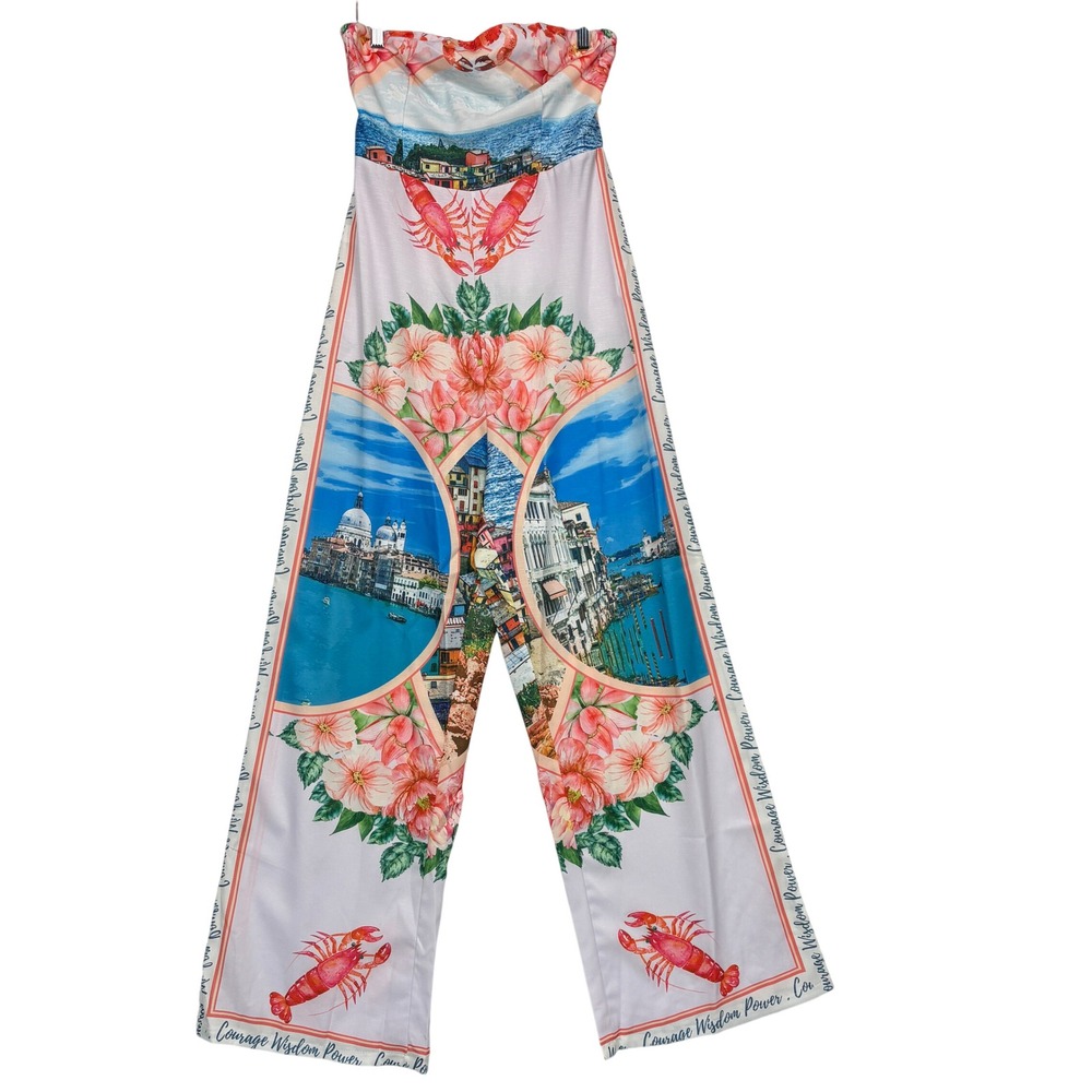 Endless Mcon Women Jumpsuit Large White Italian Coast Lobster Strapless Wide Leg